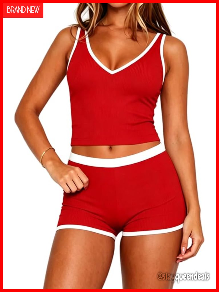 Ribbed Crop Top And Shorts Set V Neck Sleeveless Pajama Lounge 2 Piece Outfit
